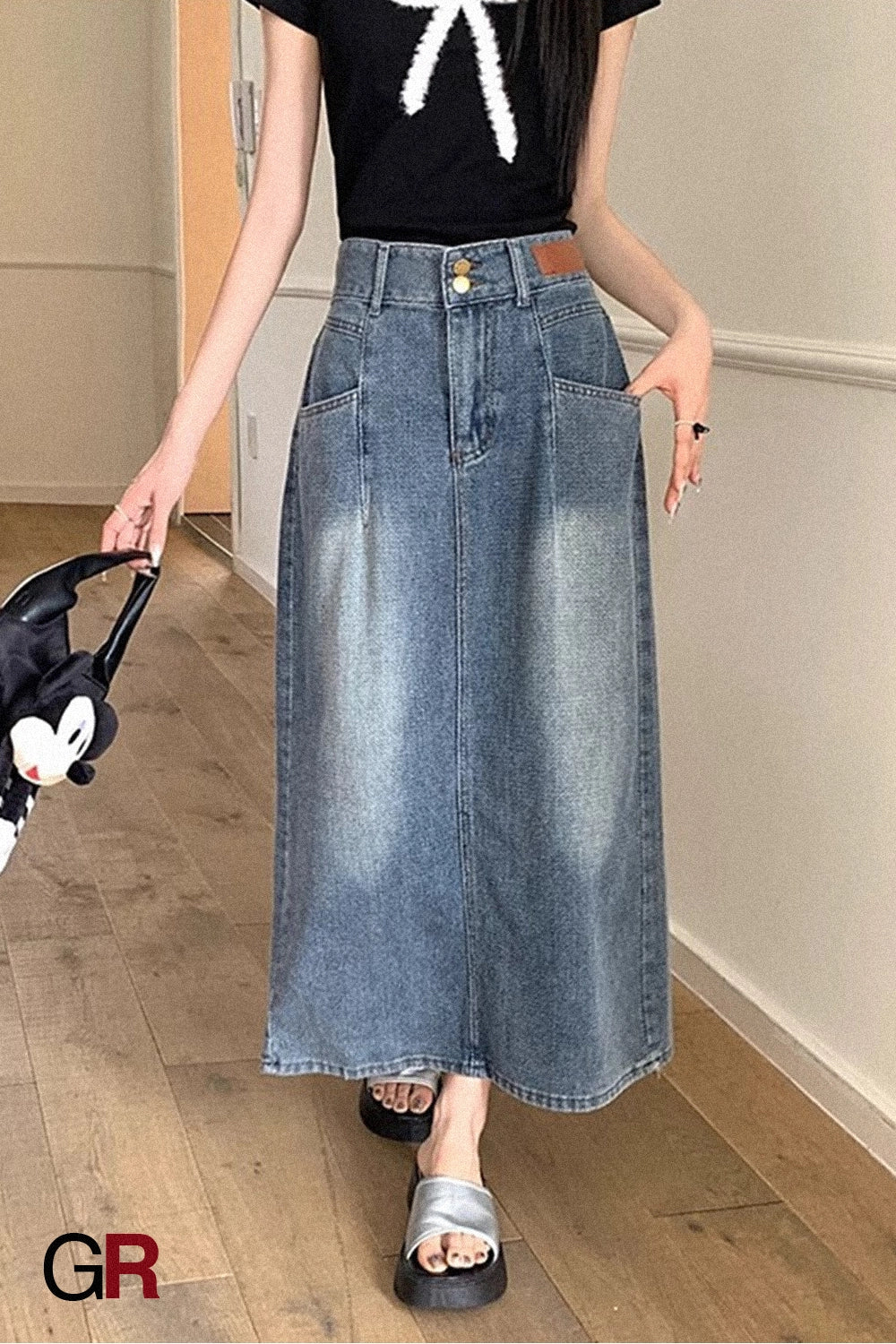 Retro Denim Skirt For Women Summer High Waist Back Slit Medium Long Slim A-line Skirt
