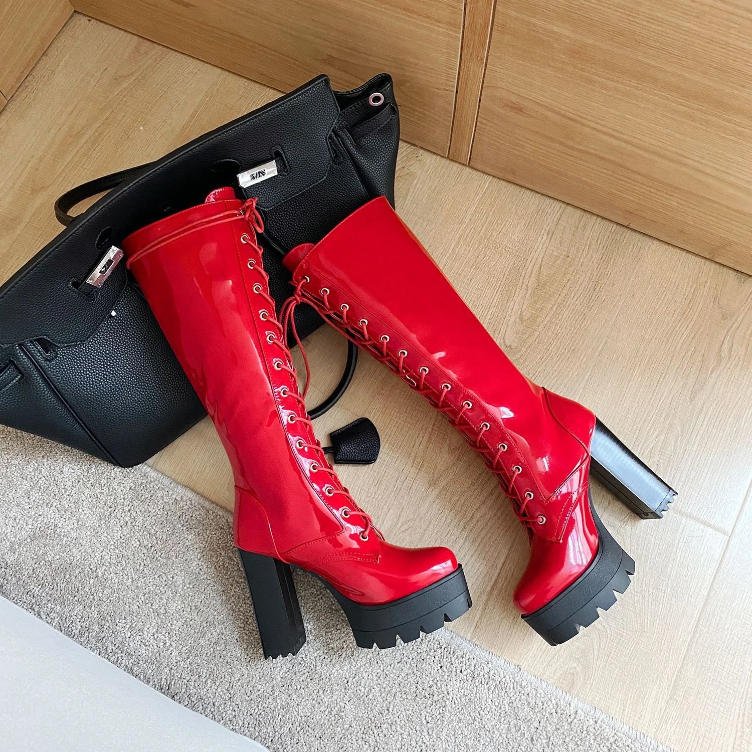 Grandeur Gloss Lace-Up Heel Boots - GlamoROZ