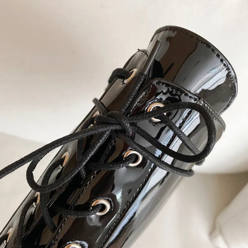 Grandeur Gloss Lace-Up Heel Boots - GlamoROZ