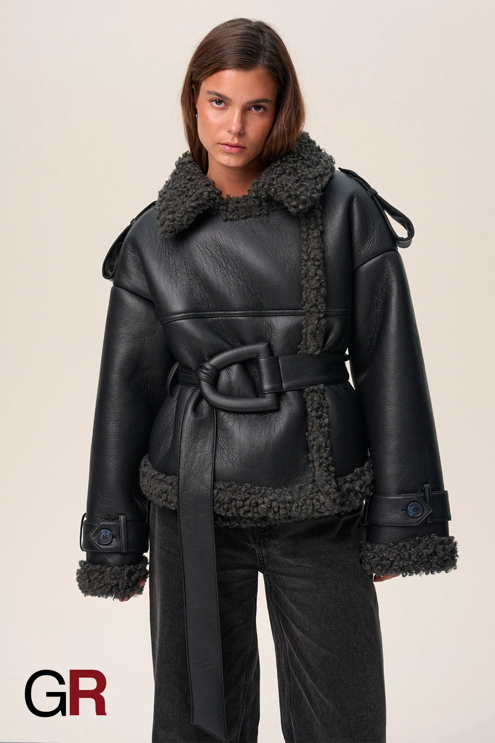 Luxe PU Leather Belted Fur Short Jacket for Women - GlamoROZ