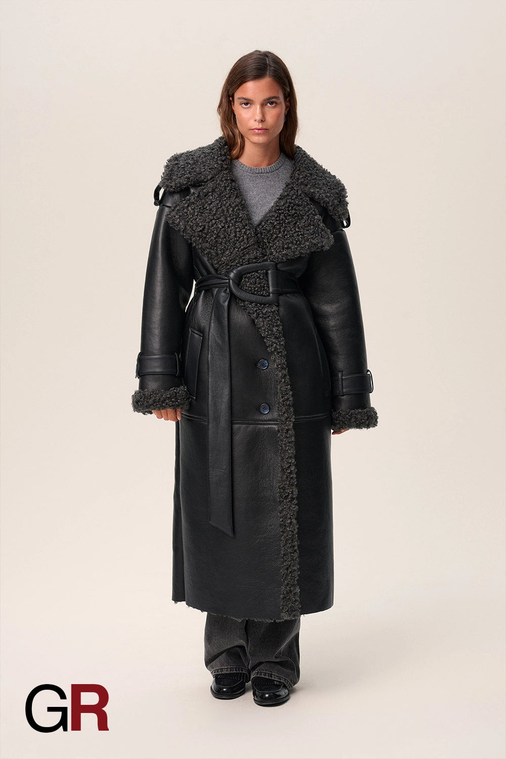 Luxe PU Leather Belted Fur Long Jacket for Women - GlamoROZ