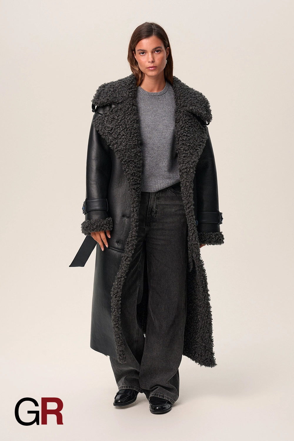 Luxe PU Leather Belted Fur Long Jacket for Women - GlamoROZ