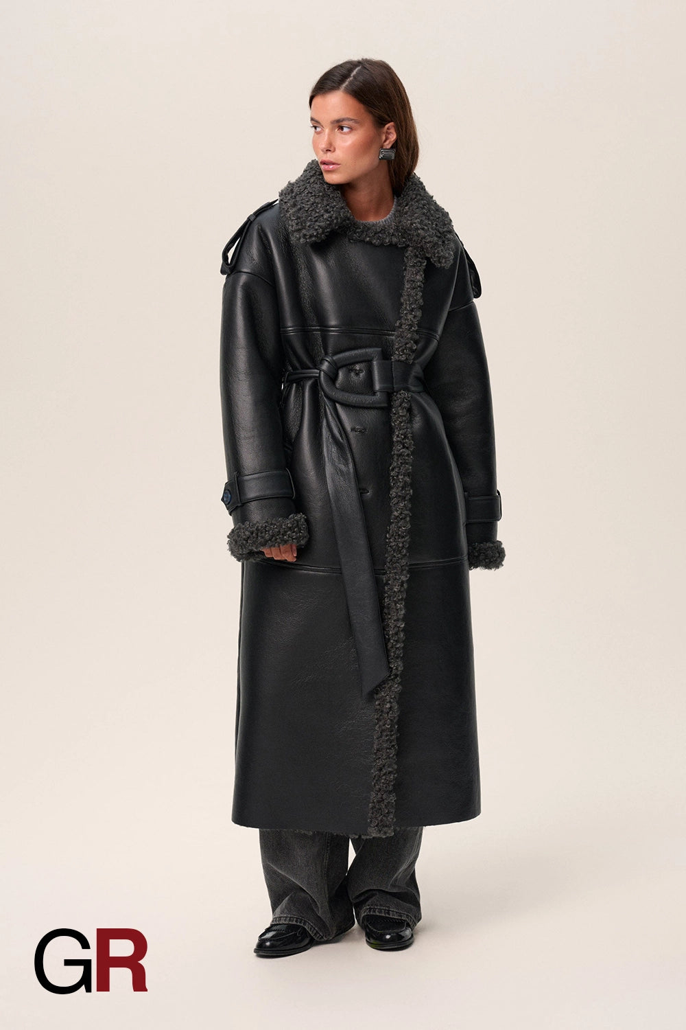 Luxe PU Leather Belted Fur Long Jacket for Women - GlamoROZ