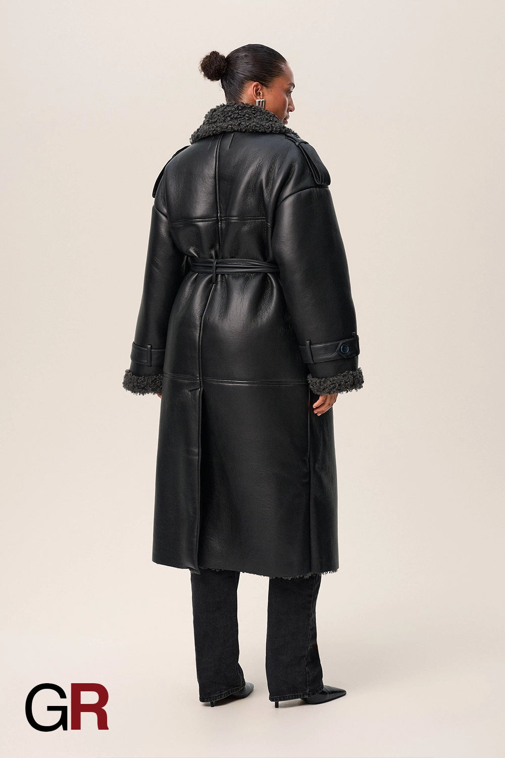 Luxe PU Leather Belted Fur Long Jacket for Women - GlamoROZ