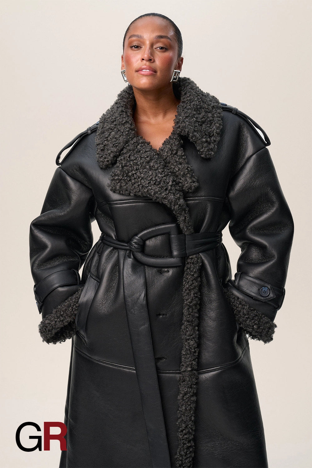 Luxe PU Leather Belted Fur Long Jacket for Women - GlamoROZ