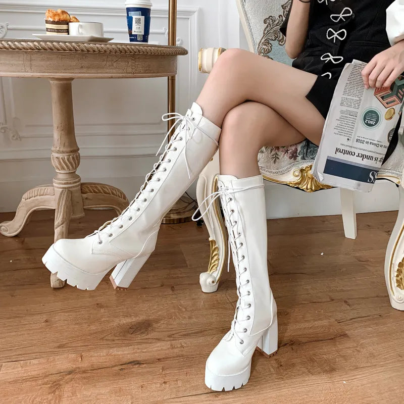 Grandeur Gloss Lace-Up Heel Boots - GlamoROZ