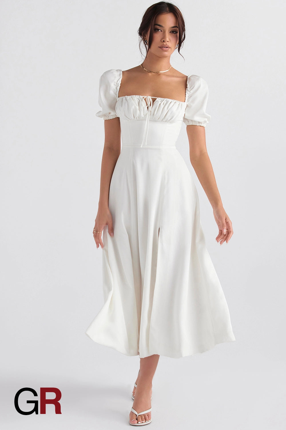 Elegant Commute Puff Sleeve Lace-Up Dress - GlamoROZ