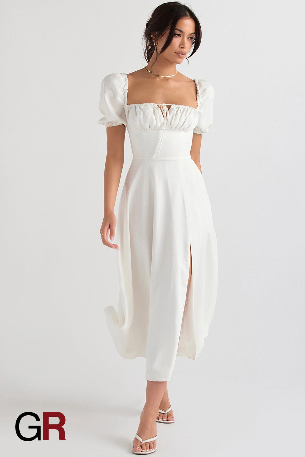 Elegant Commute Puff Sleeve Lace-Up Dress - GlamoROZ