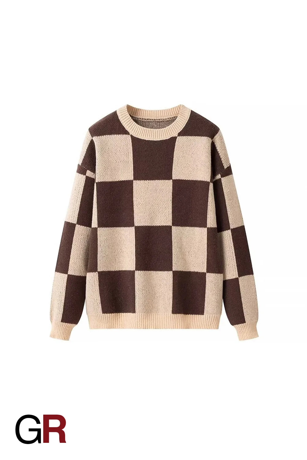 Chic Checkerboard Round Neck Sweater - GlamoROZ