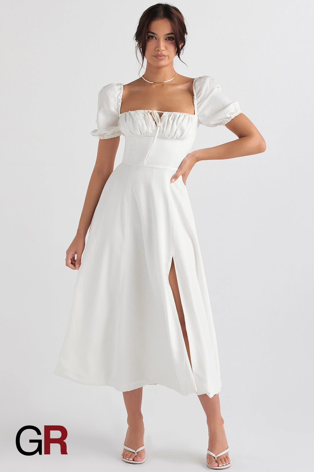 Elegant Commute Puff Sleeve Lace-Up Dress - GlamoROZ