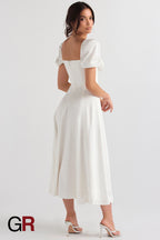 Elegant Commute Puff Sleeve Lace-Up Dress - GlamoROZ
