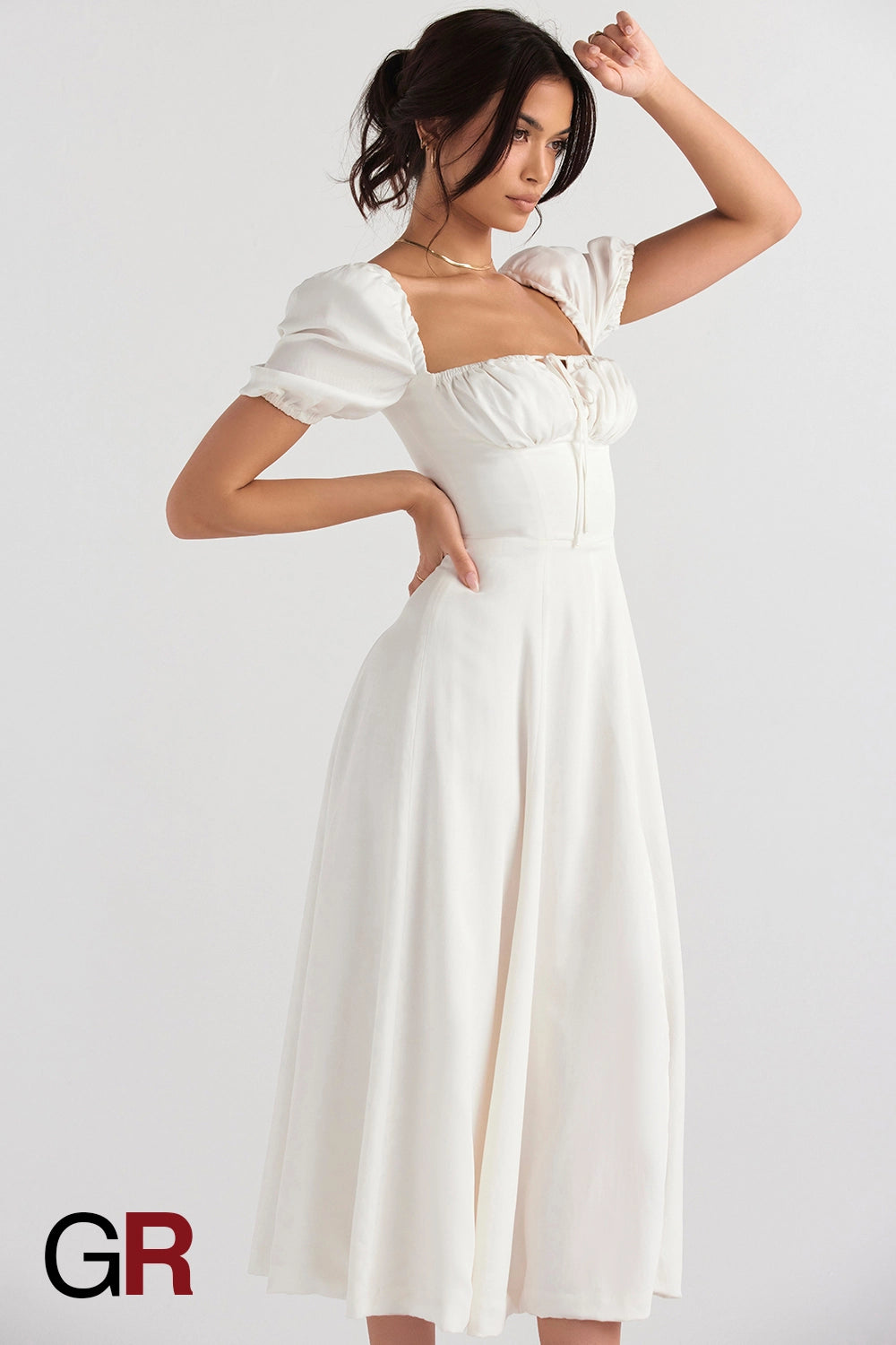 Elegant Commute Puff Sleeve Lace-Up Dress - GlamoROZ