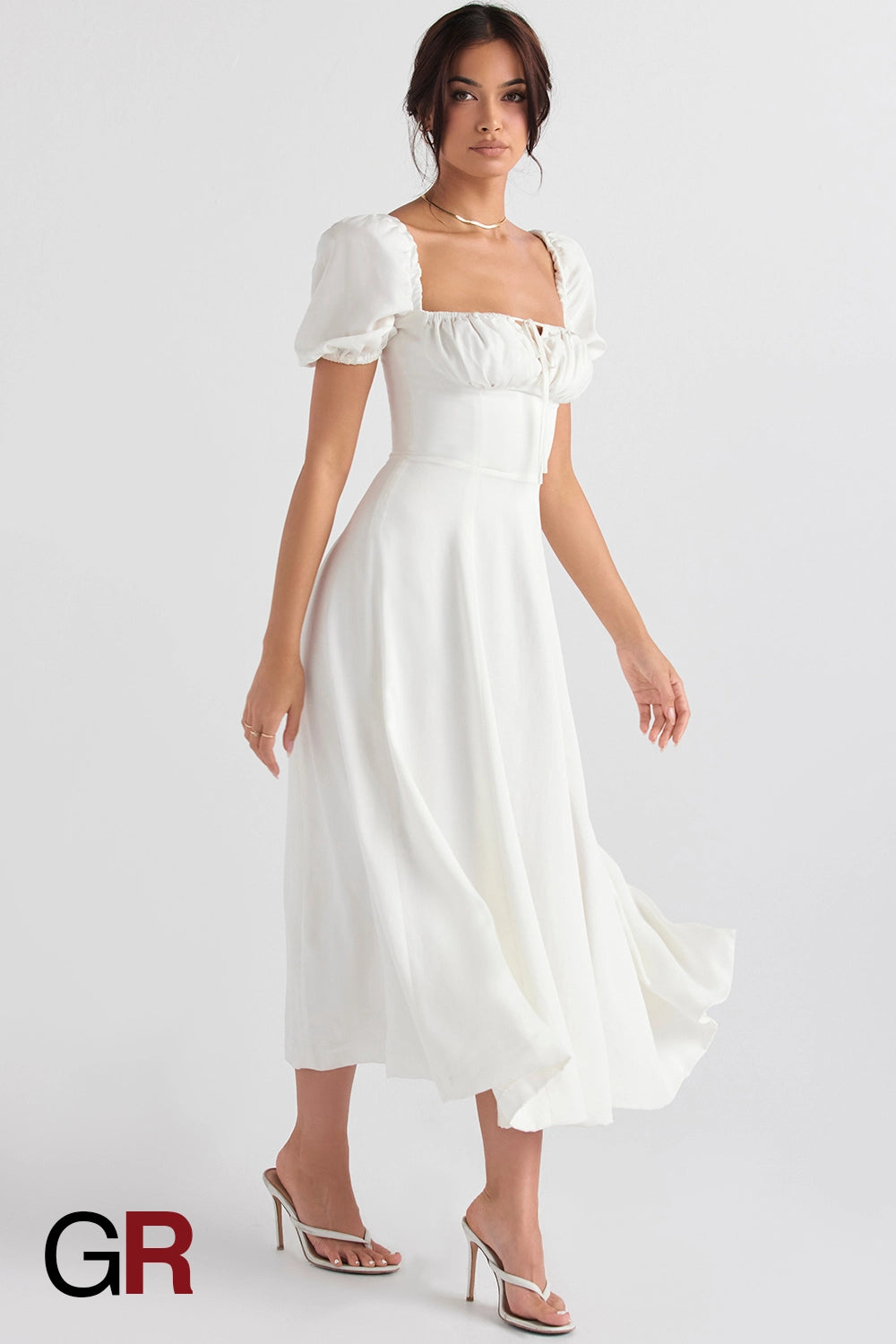 Elegant Commute Puff Sleeve Lace-Up Dress - GlamoROZ