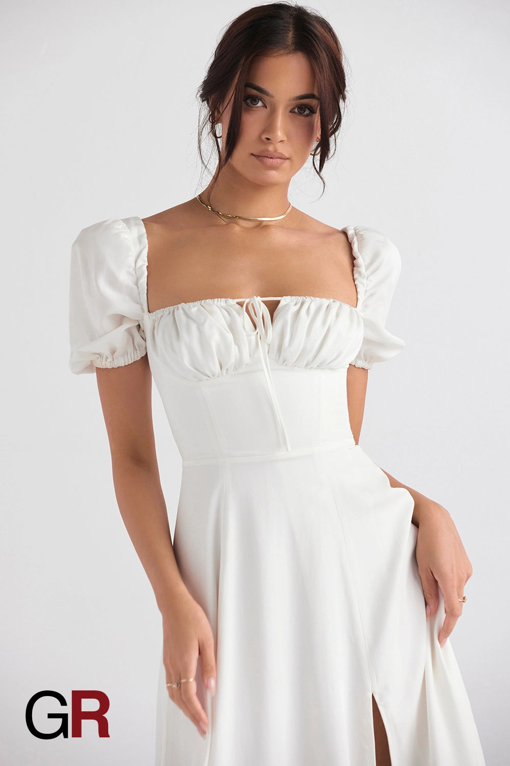 Elegant Commute Puff Sleeve Lace-Up Dress - GlamoROZ