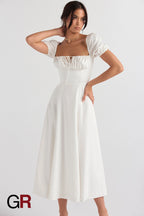 Elegant Commute Puff Sleeve Lace-Up Dress - GlamoROZ