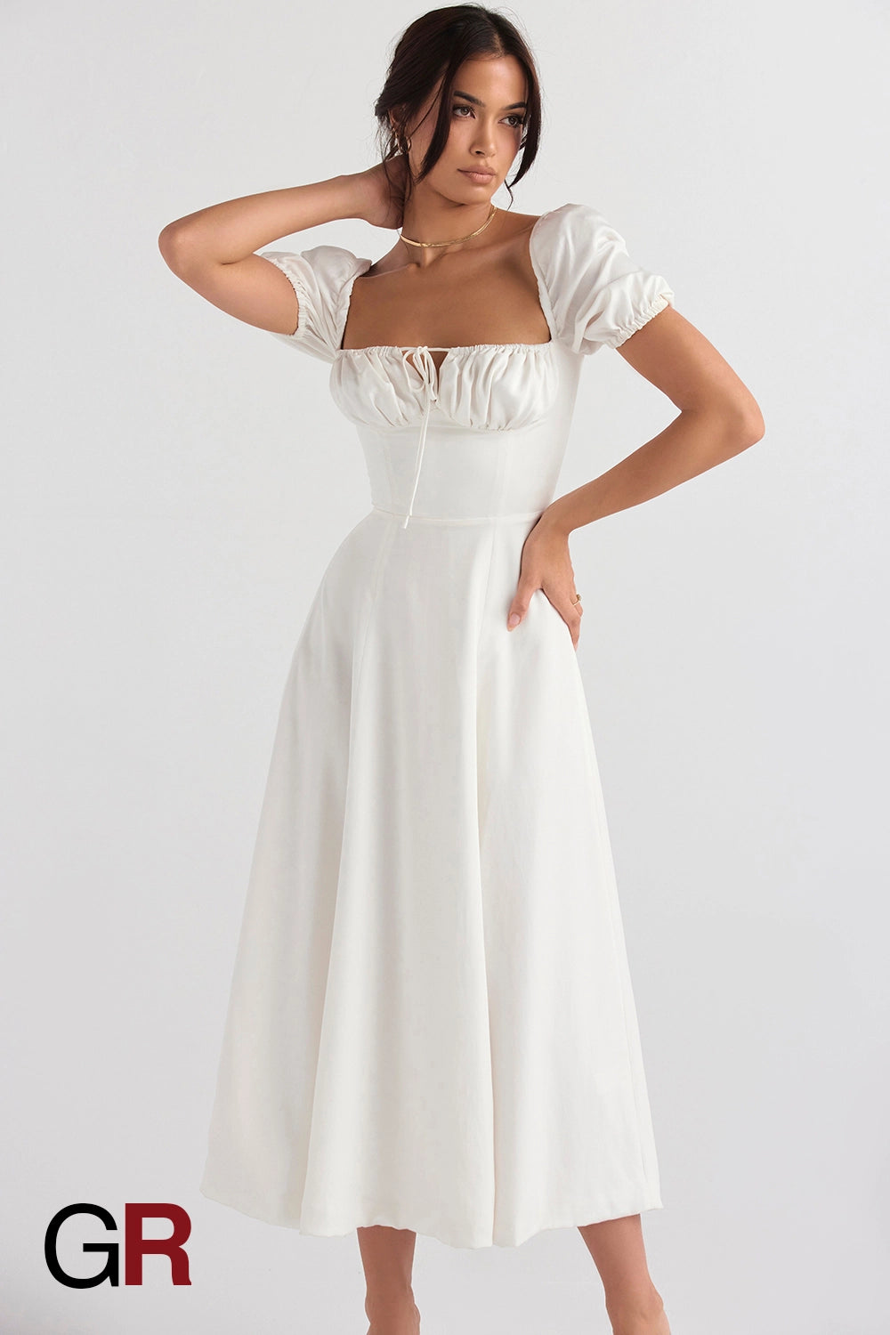 Elegant Commute Puff Sleeve Lace-Up Dress - GlamoROZ