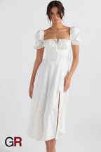 Elegant Commute Puff Sleeve Lace-Up Dress - GlamoROZ