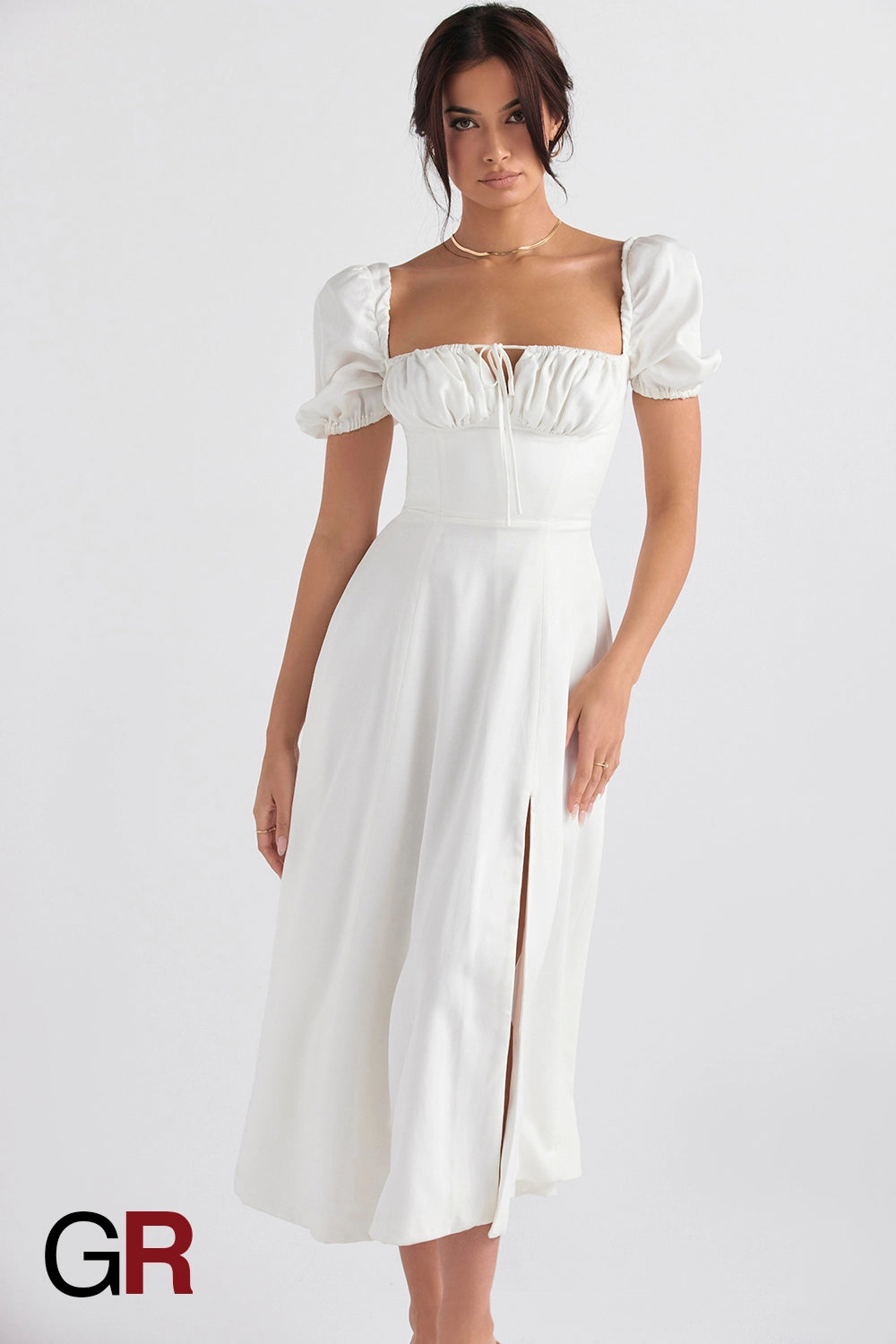 Elegant Commute Puff Sleeve Lace-Up Dress - GlamoROZ