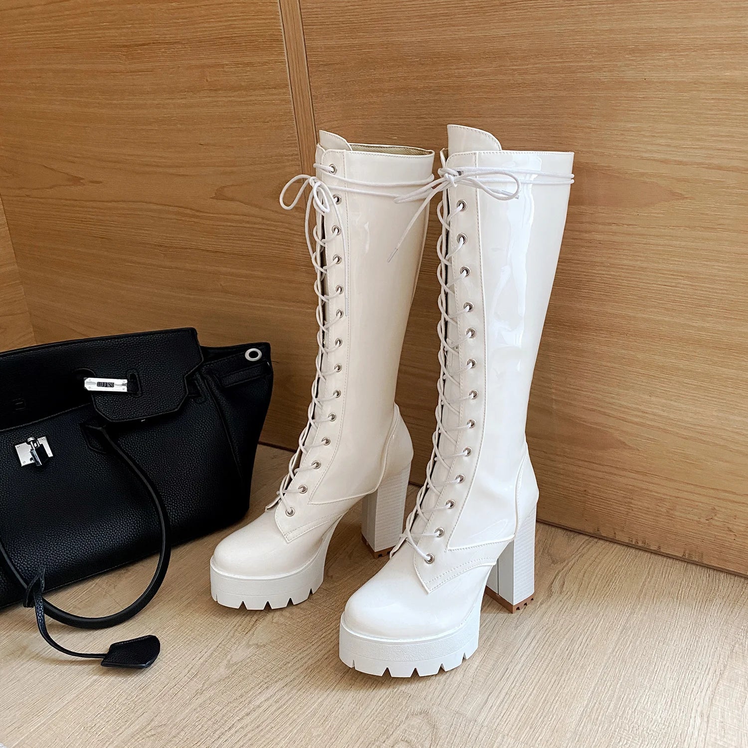 Grandeur Gloss Lace-Up Heel Boots - GlamoROZ