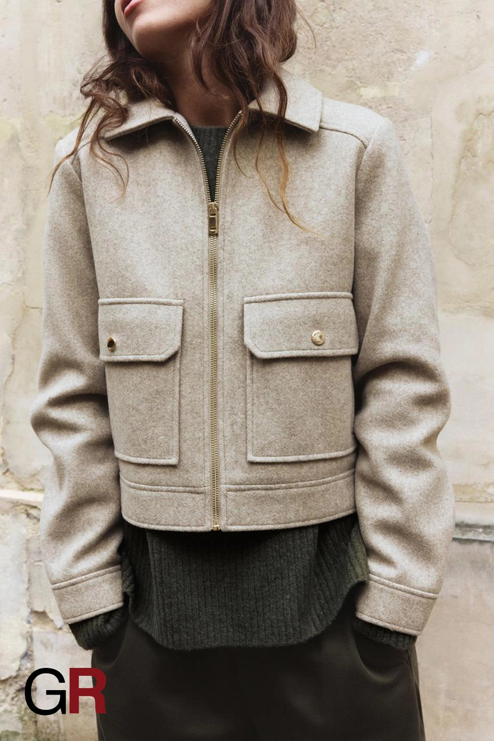 Lapel Woolen Zip Beige Pocket Coat - GlamoROZ
