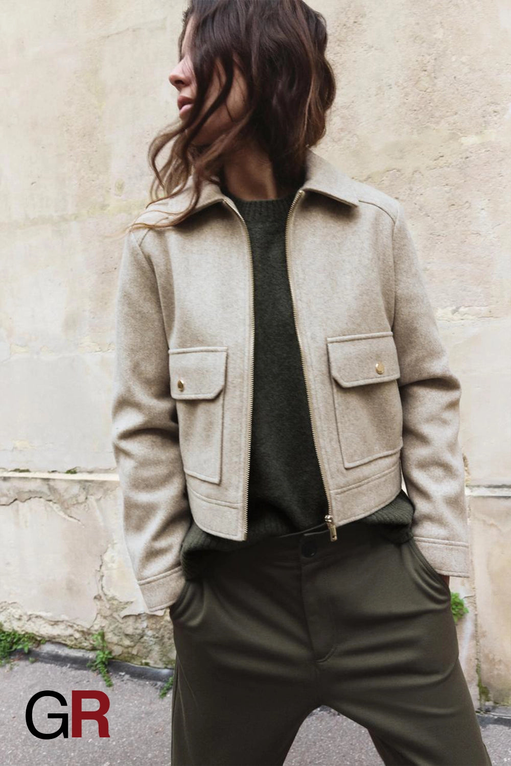Lapel Woolen Zip Beige Pocket Coat - GlamoROZ