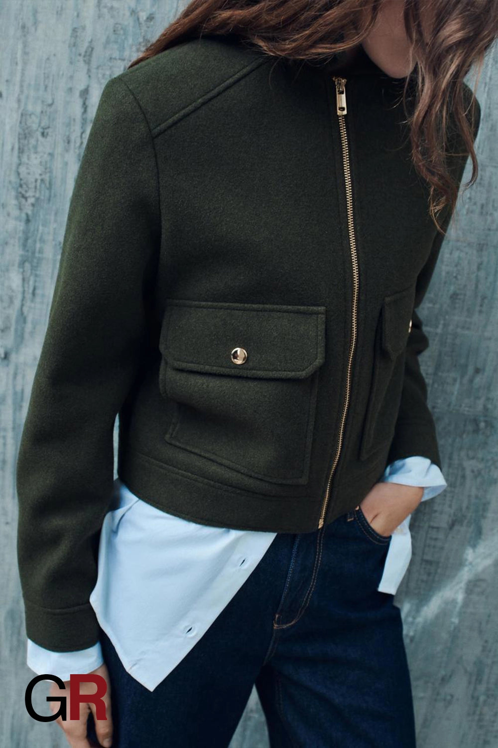 Lapel Woolen Zip Green Pocket Coat - GlamoROZ