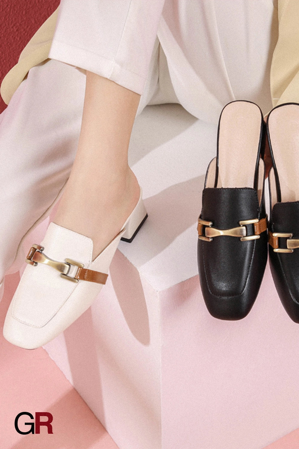 Muller Shoes Casual Soft Leather Slippers Women Outer Wear Square Toe Thick Heel Outer Wear Sandals Women