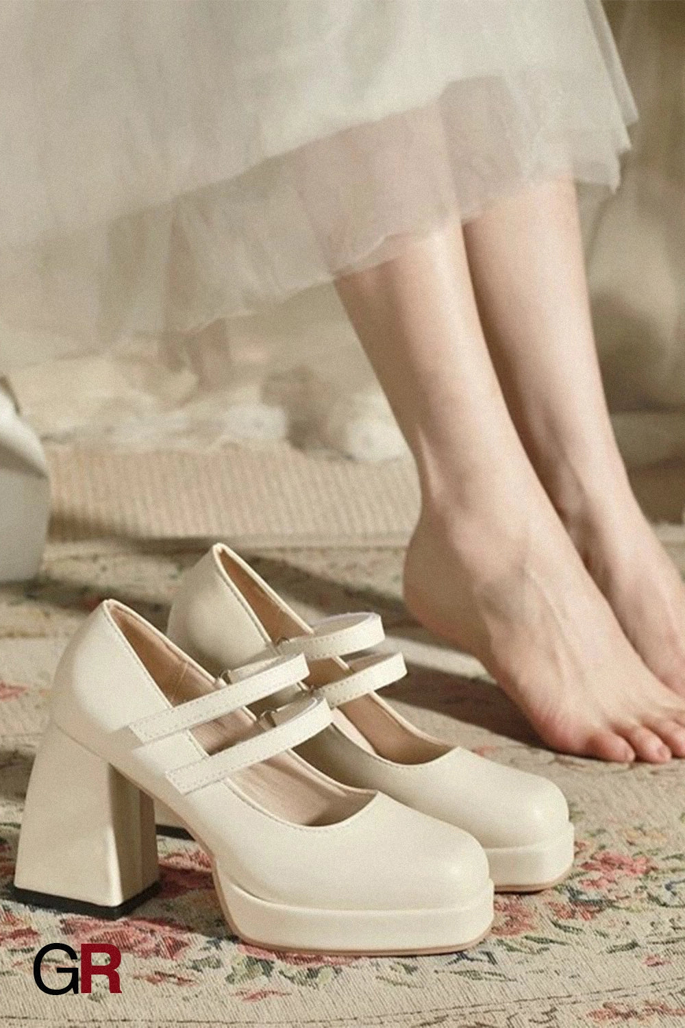 White Mary Jane Chunky Heel Wedding Shoes