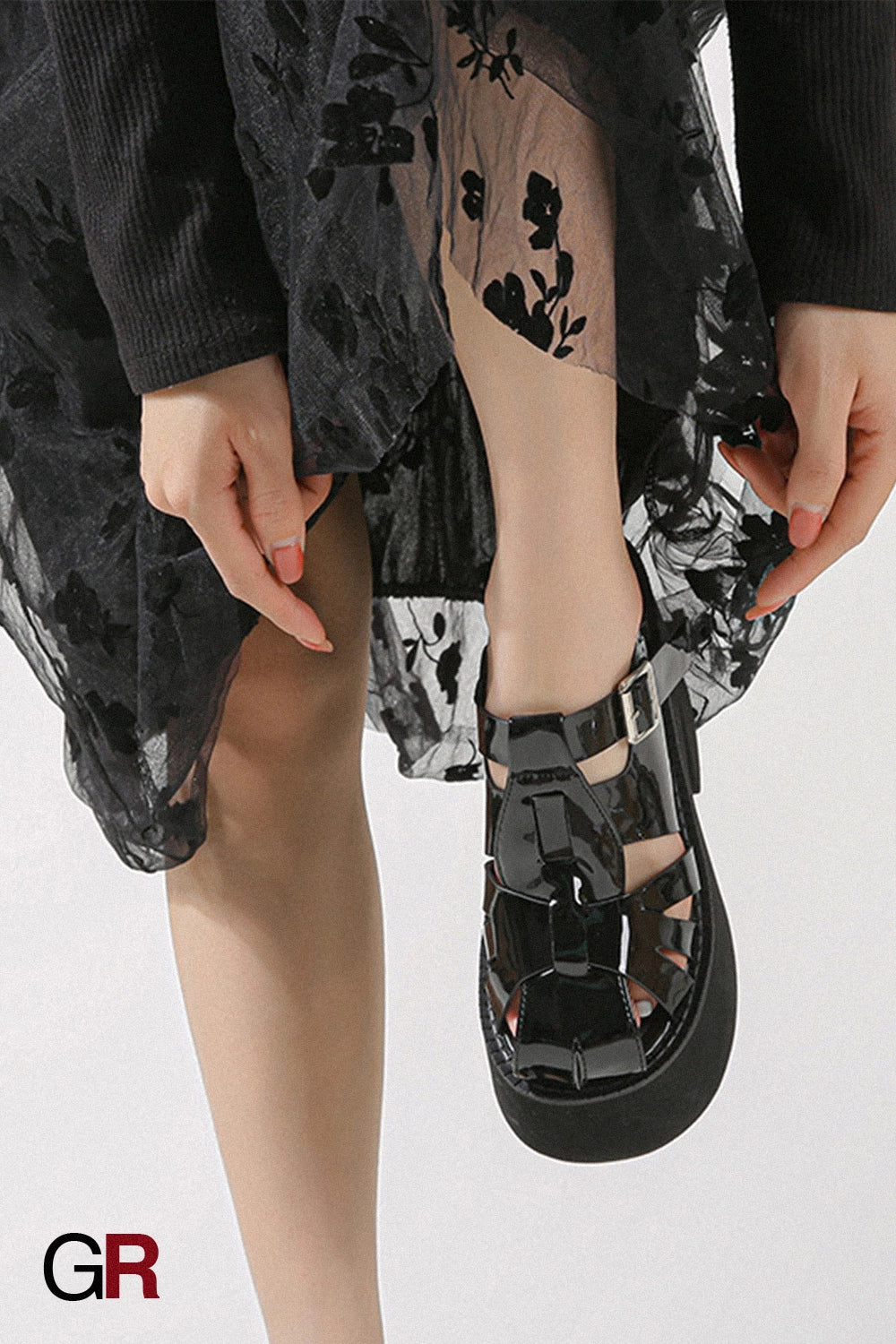 Super High Heel Platform Slippers Patent Leather Hollowed Toe Box Chunky Heel