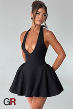 Midnight Temptation Deep V Black Halter Dress - GlamoROZ