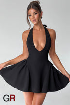 Midnight Temptation Deep V Black Halter Dress - GlamoROZ