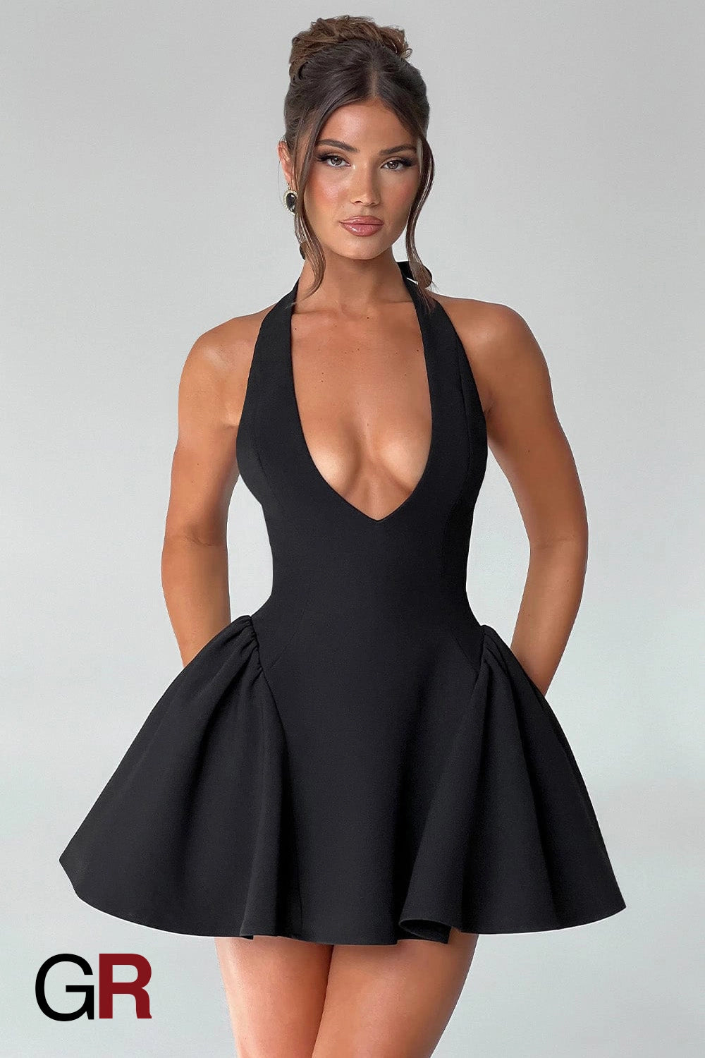 Midnight Temptation Deep V Black Halter Dress - GlamoROZ
