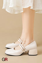 French Style Mary Jane Women's Chunky Heel Leather Retro Shoes