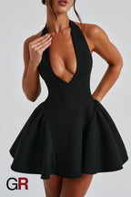 Midnight Temptation Deep V Black Halter Dress - GlamoROZ