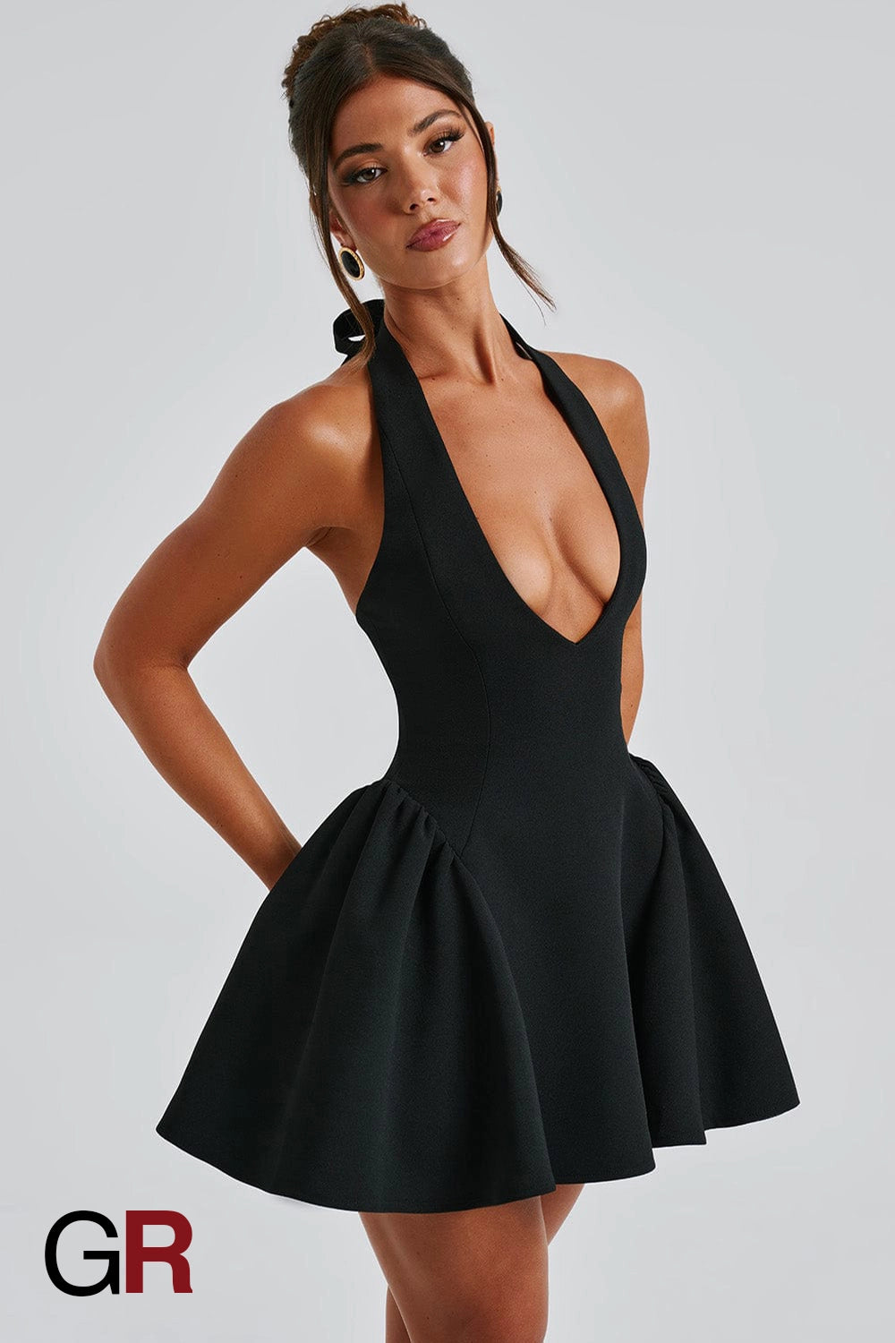 Midnight Temptation Deep V Black Halter Dress - GlamoROZ