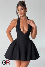 Midnight Temptation Deep V Black Halter Dress - GlamoROZ