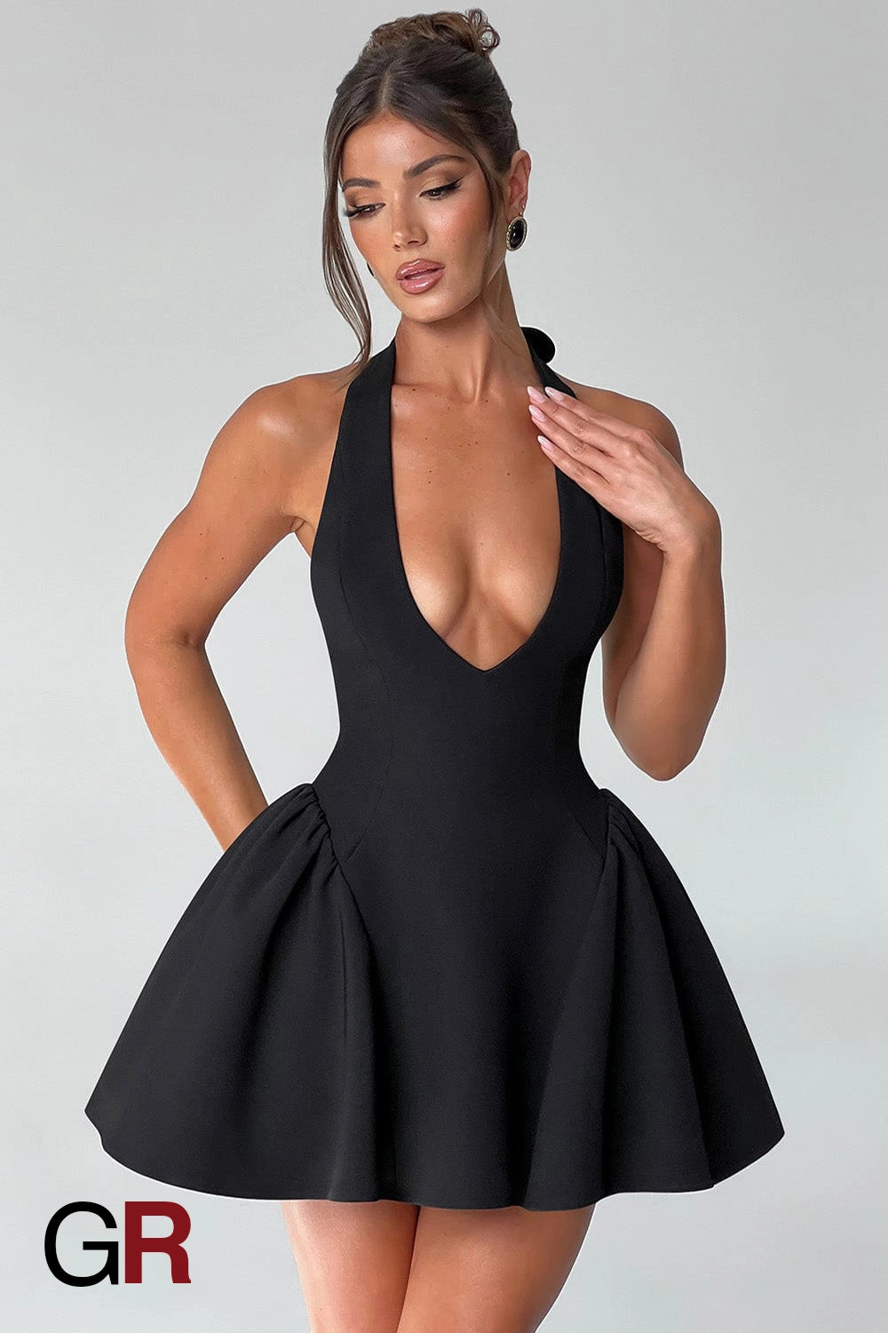 Midnight Temptation Deep V Black Halter Dress - GlamoROZ