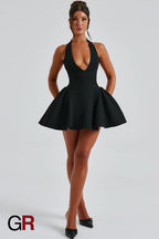 Midnight Temptation Deep V Black Halter Dress - GlamoROZ