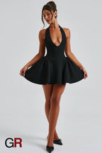 Midnight Temptation Deep V Black Halter Dress - GlamoROZ