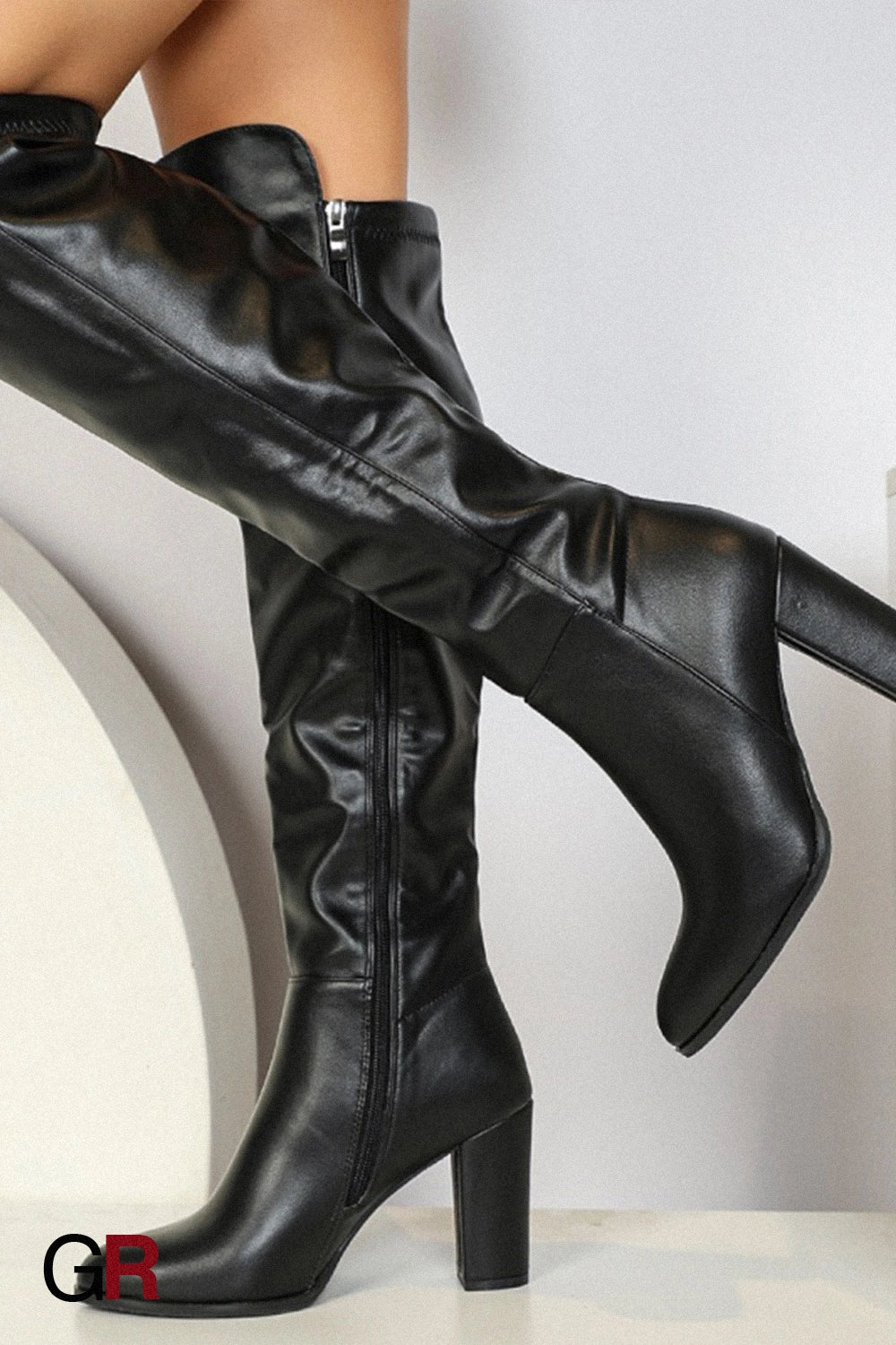 Women's Side Zipper Design Pointed Toe Chunky Heel Long Boots