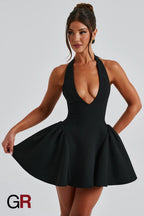Midnight Temptation Deep V Black Halter Dress - GlamoROZ