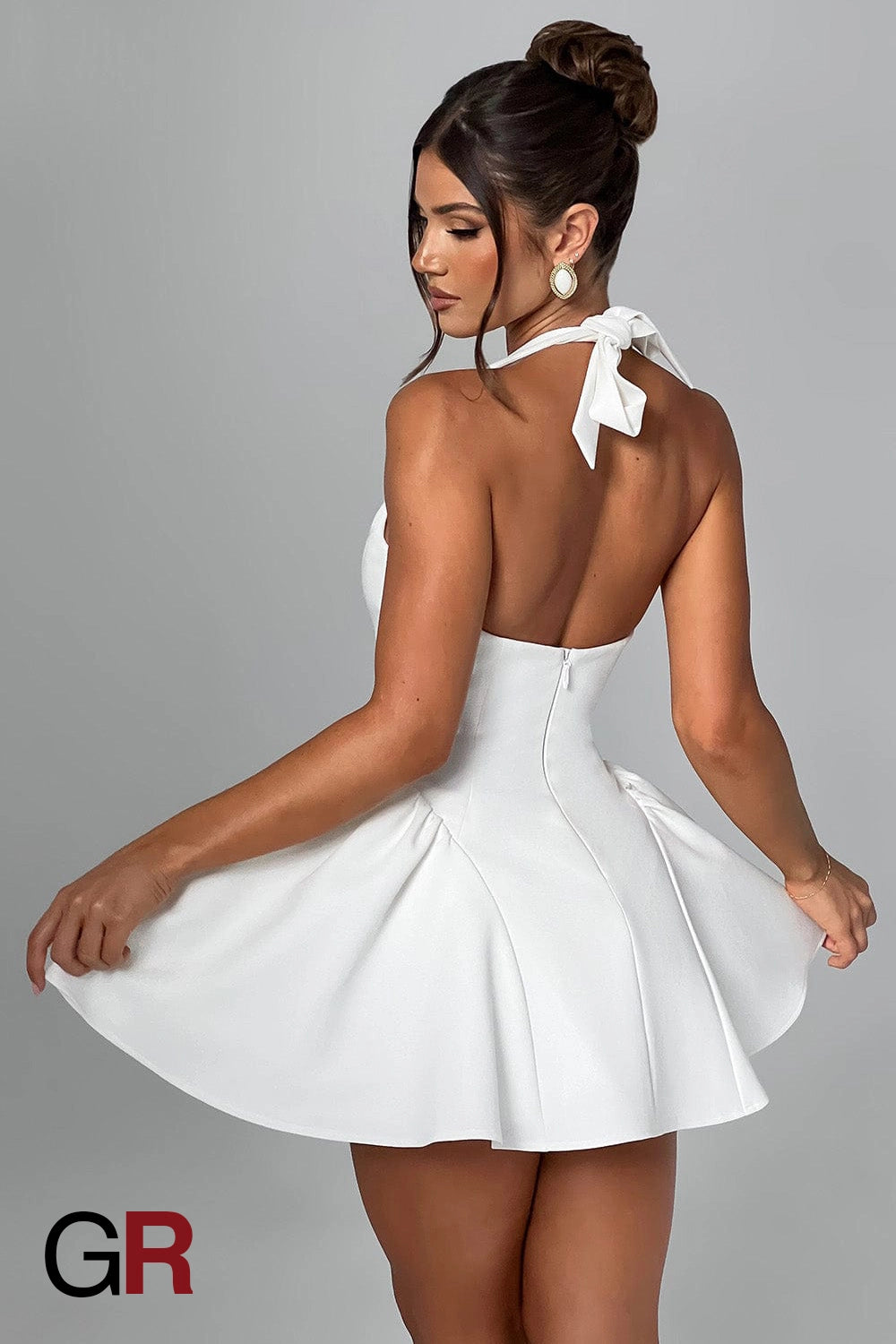 Midnight Temptation Deep V White Halter Dress - GlamoROZ