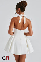 Midnight Temptation Deep V White Halter Dress - GlamoROZ