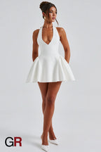 Midnight Temptation Deep V White Halter Dress - GlamoROZ