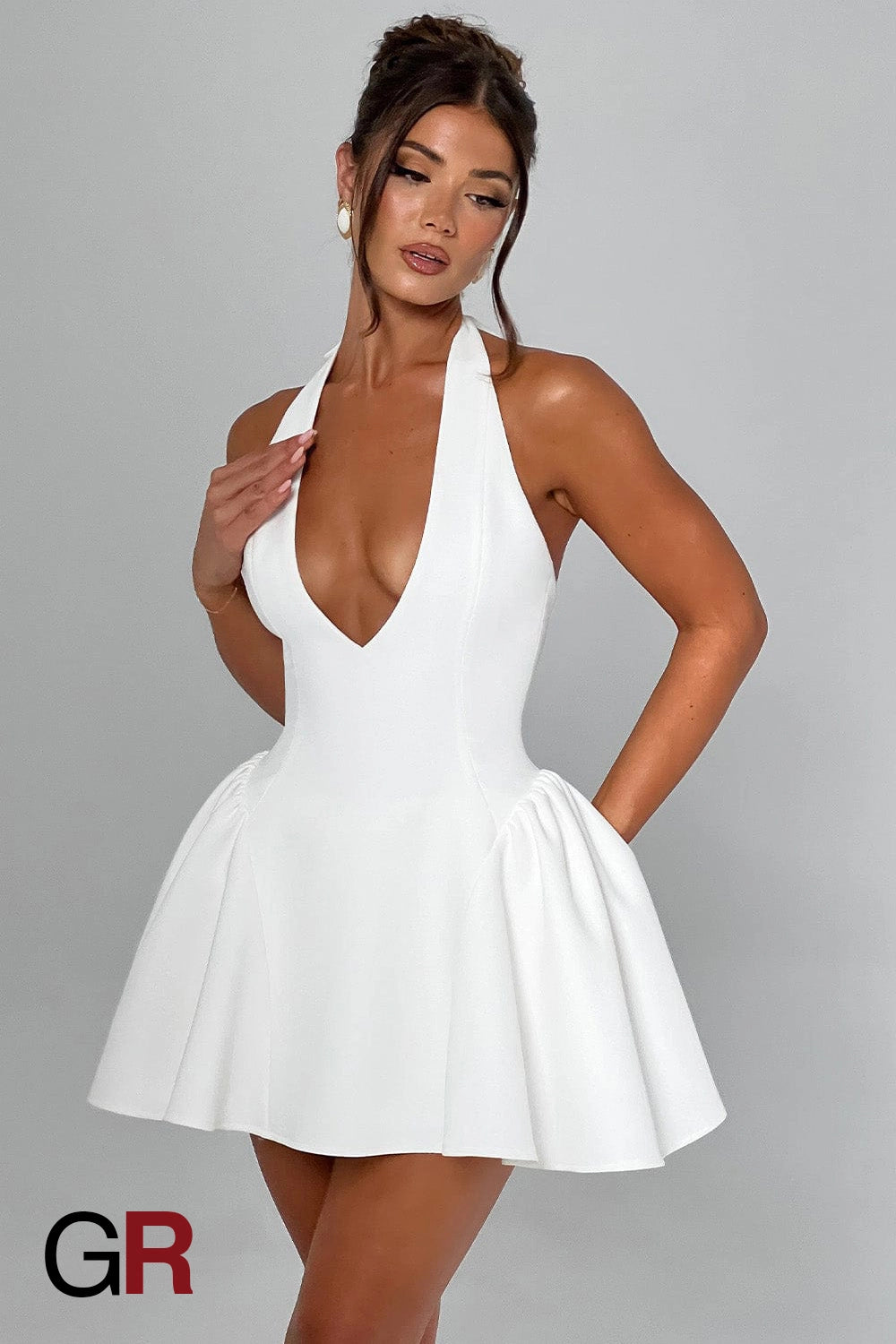Midnight Temptation Deep V White Halter Dress - GlamoROZ