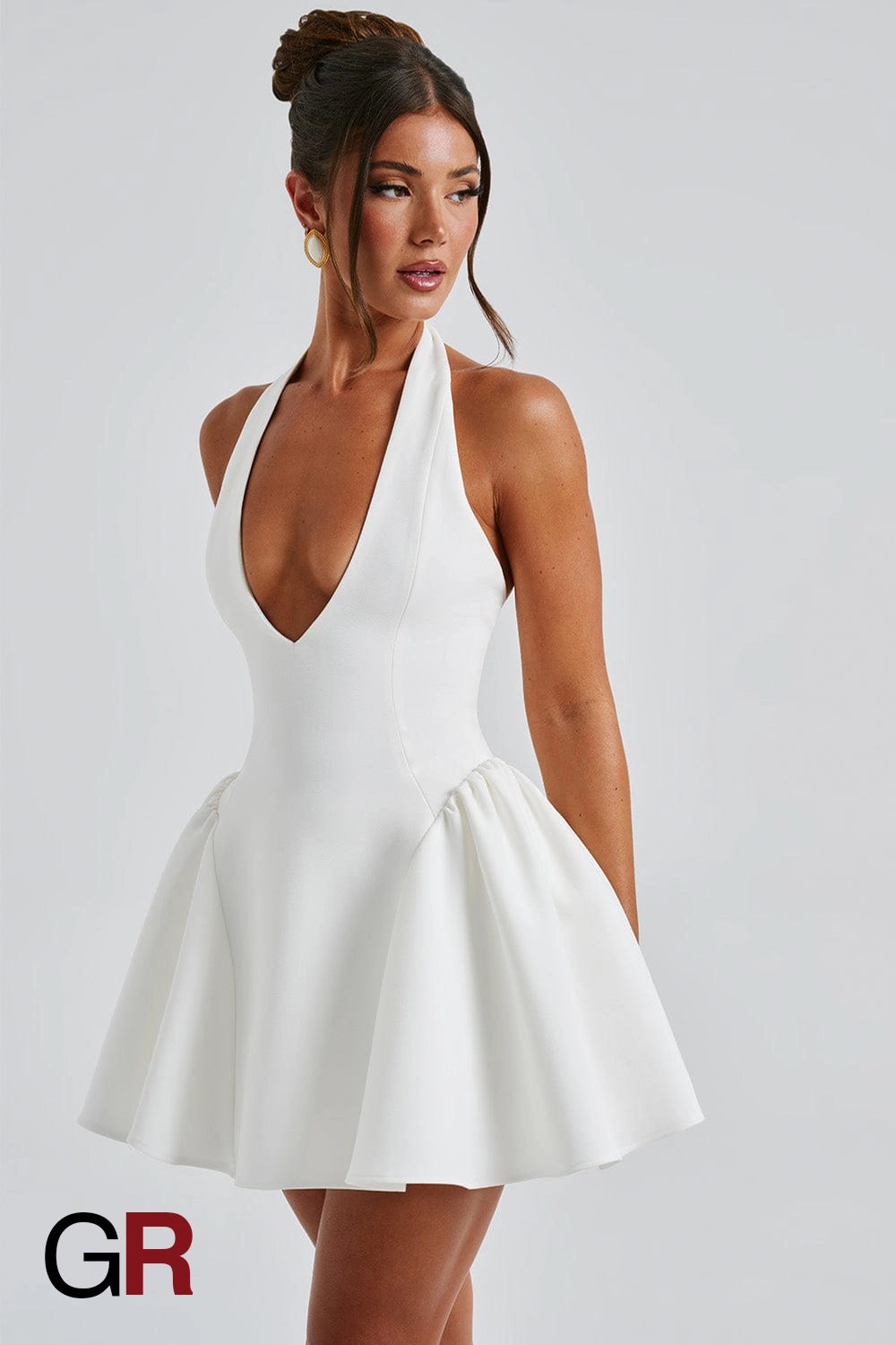 Midnight Temptation Deep V White Halter Dress - GlamoROZ
