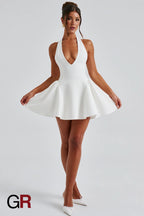 Midnight Temptation Deep V White Halter Dress - GlamoROZ