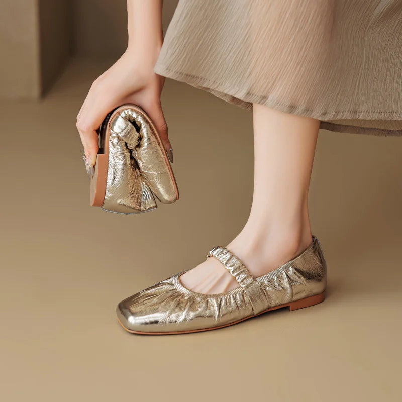 Pleated Elegance Square Toe Flats - GlamoROZ
