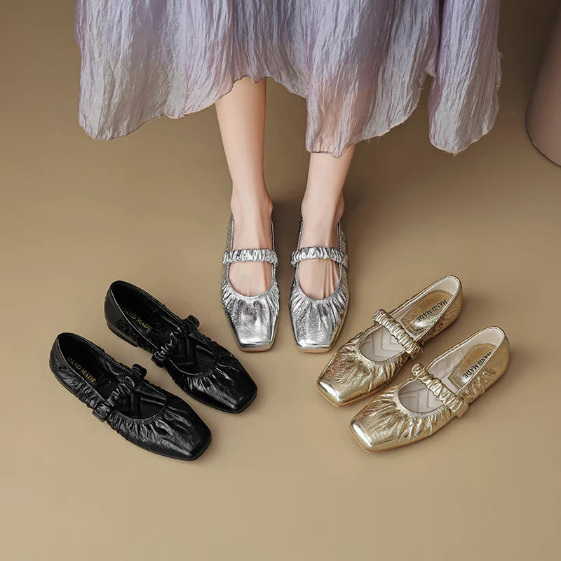 Pleated Elegance Square Toe Flats - GlamoROZ