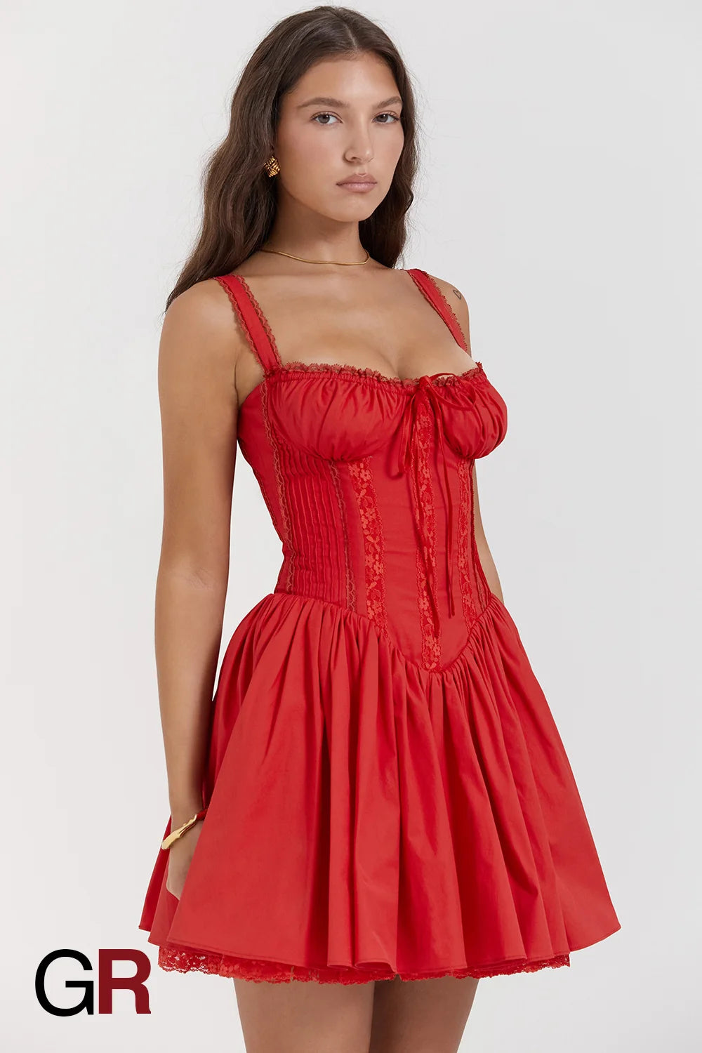 Lace-Up Pleated Red Suspender Mini Dress - GlamoROZ